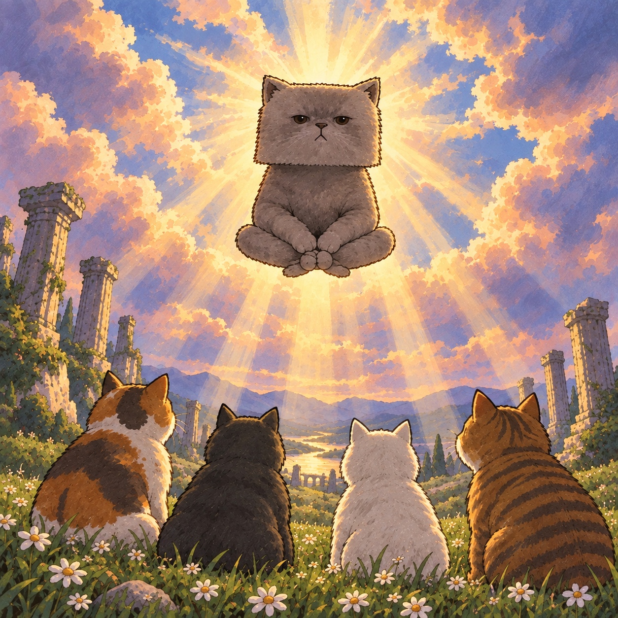Illustrated Boxy levitating in god rays as four ordinary cats watch.