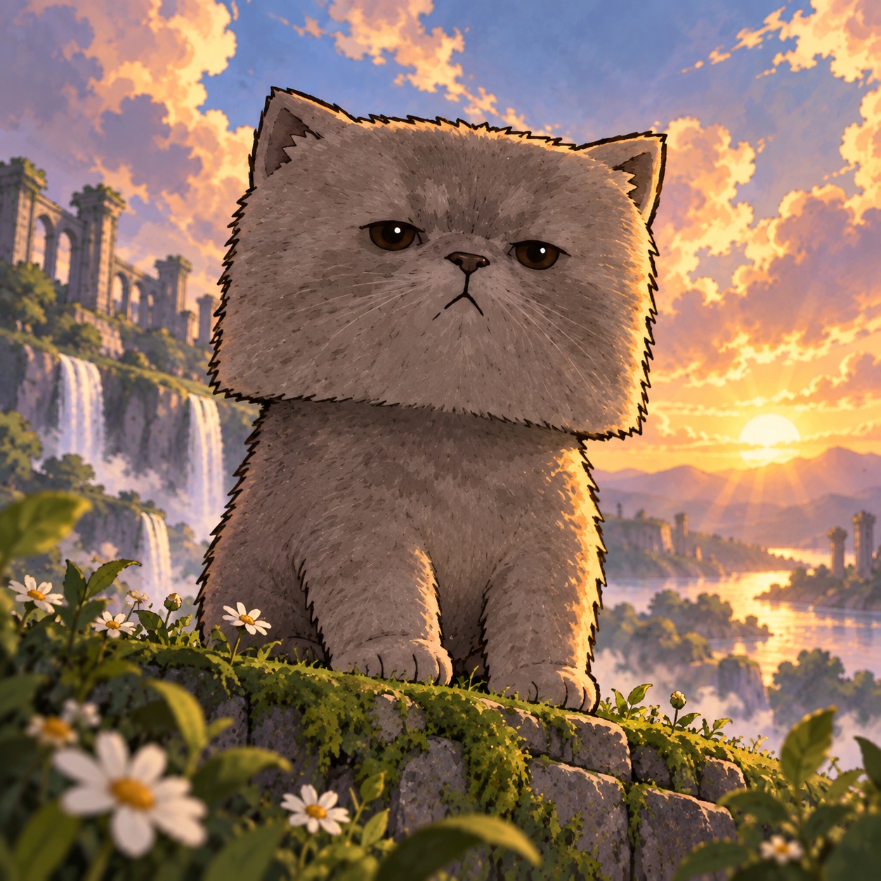 A low-angle close portrait of Boxy on a mossy ledge at sunset.