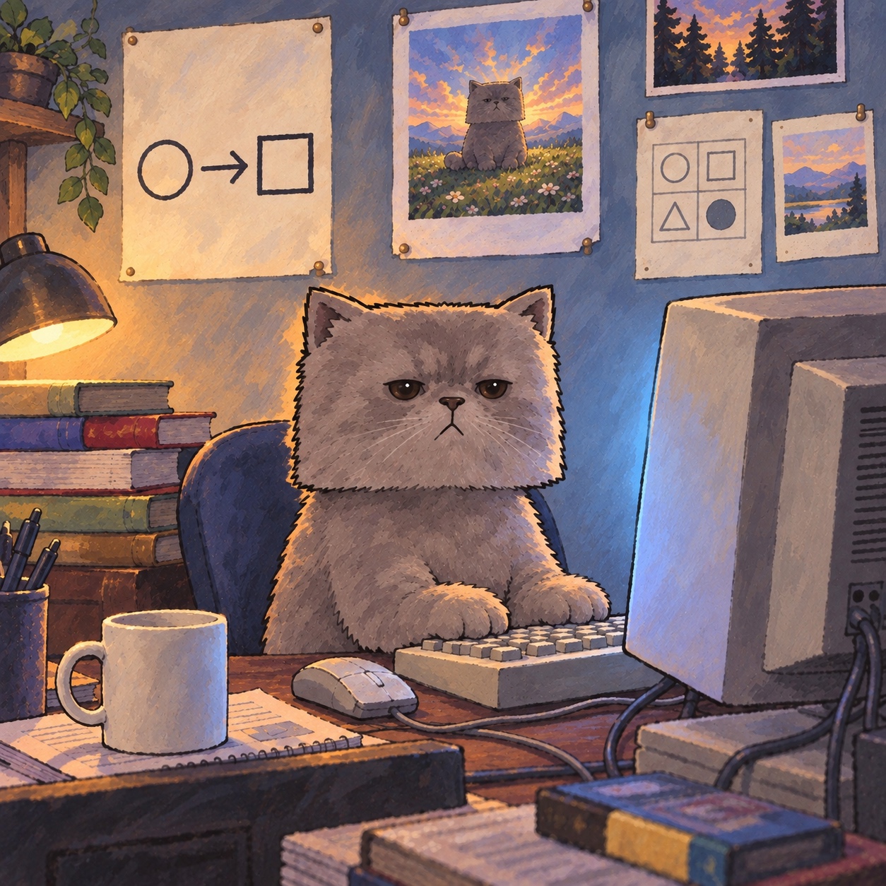 Boxy at an old computer, surrounded by evidence of his squareness.