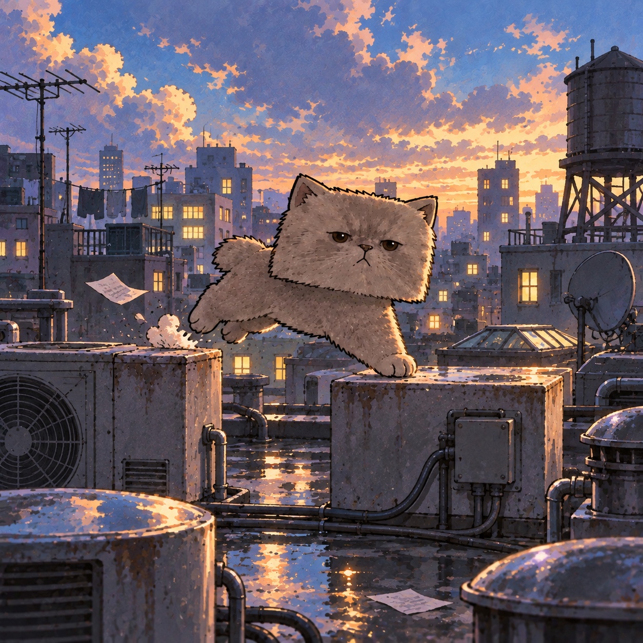 Boxy jumps between square utility blocks above a rain-soaked city rooftop.